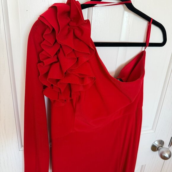 Xscape Ruffle One-Shoulder Gown Red Wmns 8 - Picture 4 of 7